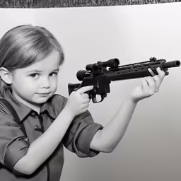 a young child holding an automatic rifle
