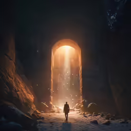 a man in a dark tunnel with the light at the end