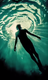 the person is swimming with a wave behind him