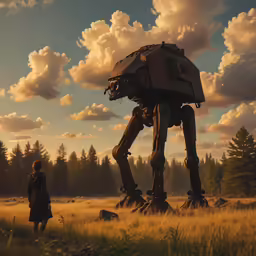 a woman and a robot in an open field