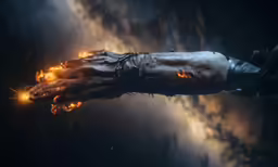 a demonic hand that is lit up with fire