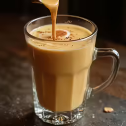 a drink being filled with coffee is in a glass