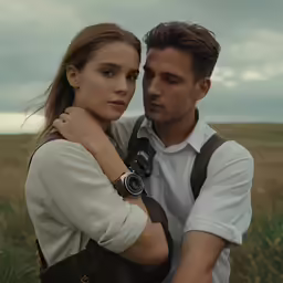 a man and a woman pose in front of the camera while a field is around them