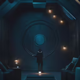 man in a large blue room with lights on