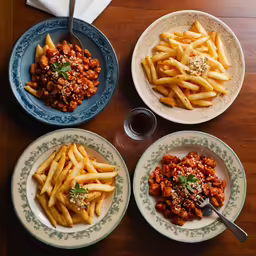 three plates of french fries sitting on a table