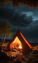 the illuminated campfire can be used as a tent for camping,an orange and black tent in the dark with an open flame