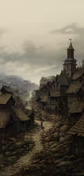 an image of a town where it could be a fantasy,an old village with lots of grass roof houses and buildings