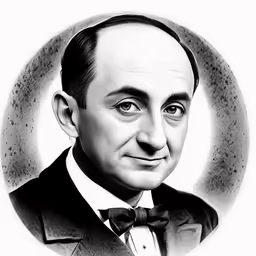 a black and white drawing of a gentleman in a suit with his head tilted towards the camera