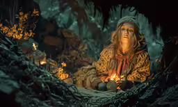 a woman is sitting in the dark among a bunch of small torches