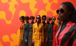 a woman in a bright yellow outfit and some other models