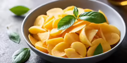 a bowl full of sliced apricots with some green leaves