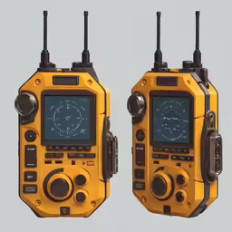two yellow military radio stations on a grey surface
