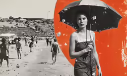 an old photo with a young woman holding a large umbrella