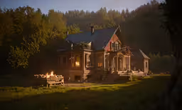 an old wooden house with an elegant porch is surrounded by forest,a large house that has a fire place in it