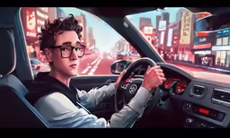 a man in glasses driving a car on the street