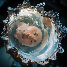 a mirror image of a young woman laying down in the water