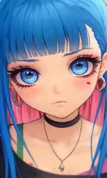 a young girl with blue hair is looking to her left