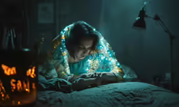 a girl looks at her phone while laying on the bed in her bedroom