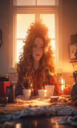 a young girl sitting at a table with two cups