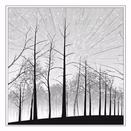 a drawing of a line of trees in front of the sun