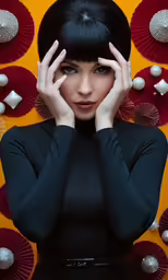 woman with hand over her head posing with a lot of umbrellas