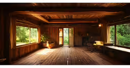 large open wood room with wooden floors and trees outside of it,an empty room with two windows, two benches and tables
