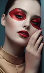 a woman with red eyes and a red make - up with matching eyeliners