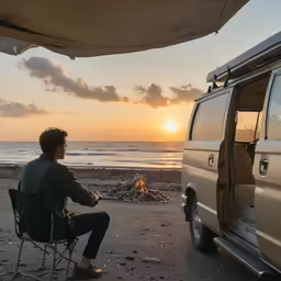 a person sitting in a chair near a van on the beach