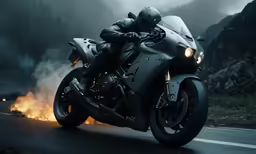 a man on a motorcycle driving through the street with a lot of flames in front of him