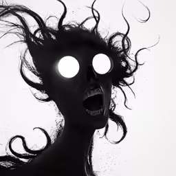 black and white image of a girl with head pieces decorated with circles