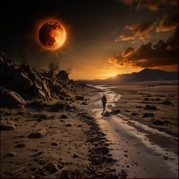 the image shows a woman walking on a dirt road in front of the sun
