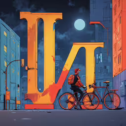a person riding a bike under the moon,a person riding on the back of a bicycle with a bag