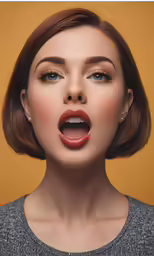 a woman with a red lips and a grey shirt