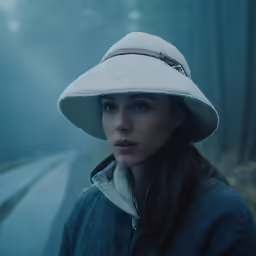 a girl wearing a hat and coat looking away from the camera