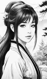 a black and white photo of a girl,an artistic digital drawing of a girl with long hair