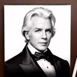 an illustration of a man with blonde hair and in tuxedo