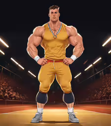 an illustration of a man in a wrestling outfit,a man in a yellow wrestling outfit with hands on his hips