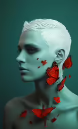 a woman with red butterflies in her hair
