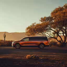 a dark - orange van is parked in the desert
