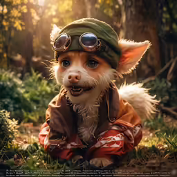 a little dog wearing goggles and a costume is sitting in the woods
