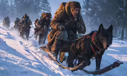 a group of men riding on top of a sled down a snow covered slope