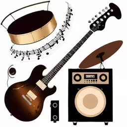 a picture of various instruments including an electric guitar, drum, and amp