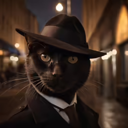a black cat wearing a fedora and tie