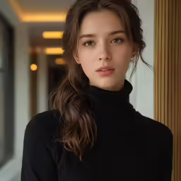 a close up of a person wearing a black turtle neck sweater