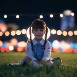 a small girl in a dress sitting on a grass covered field