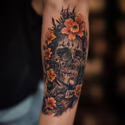 an arm with skulls and flowers around the forehead