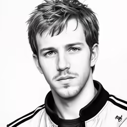 a man posing for a photo on a white wall