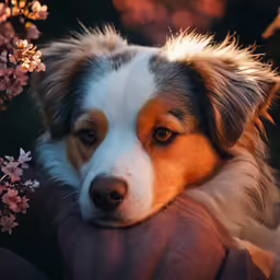 a brown and white dog sitting in front of a pink flower bush
