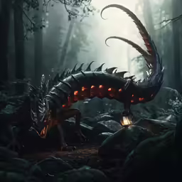a black dragon that is sitting on the ground in the woods