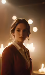a woman standing next to a bunch of candles